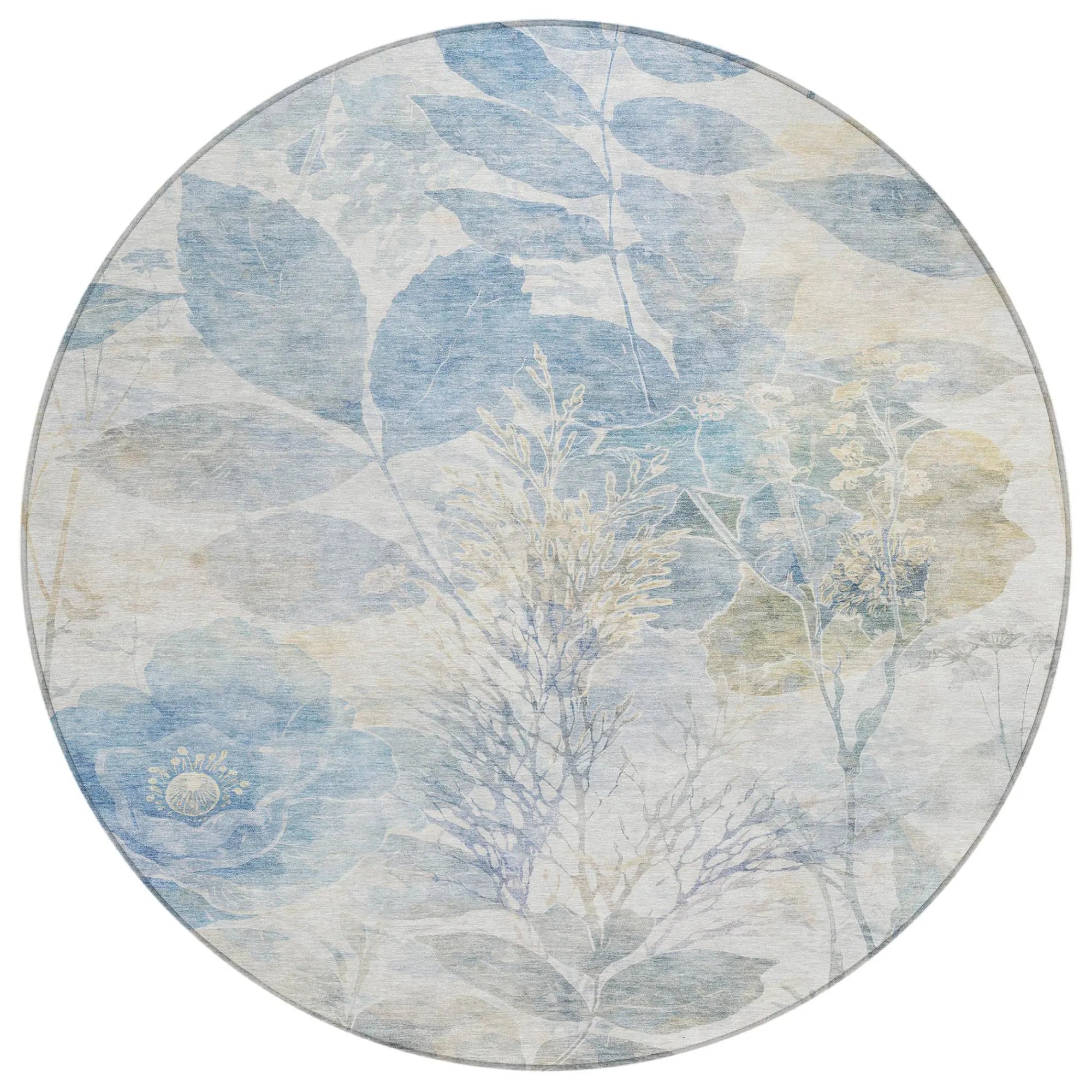 8' Sky Blue And Blue Round Floral Washable Indoor Outdoor Area Rug Homeroots Outdoor