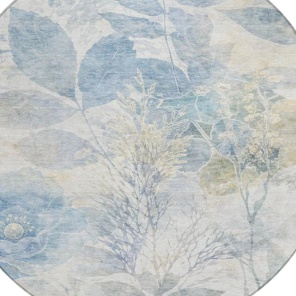 8' Sky Blue And Blue Round Floral Washable Indoor Outdoor Area Rug Homeroots Outdoor