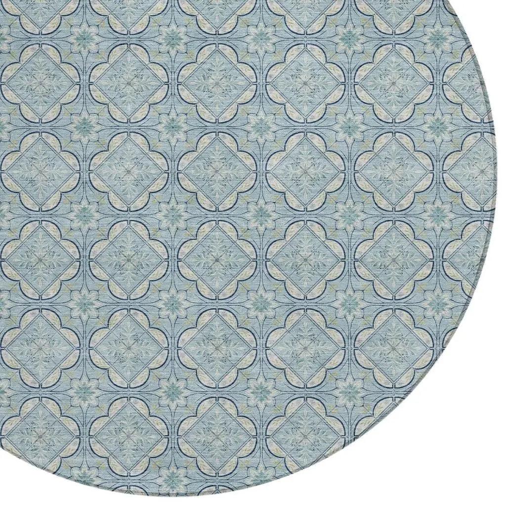 8' Sky Blue And Blue Round Geometric Washable Indoor Outdoor Area Rug Homeroots Outdoor