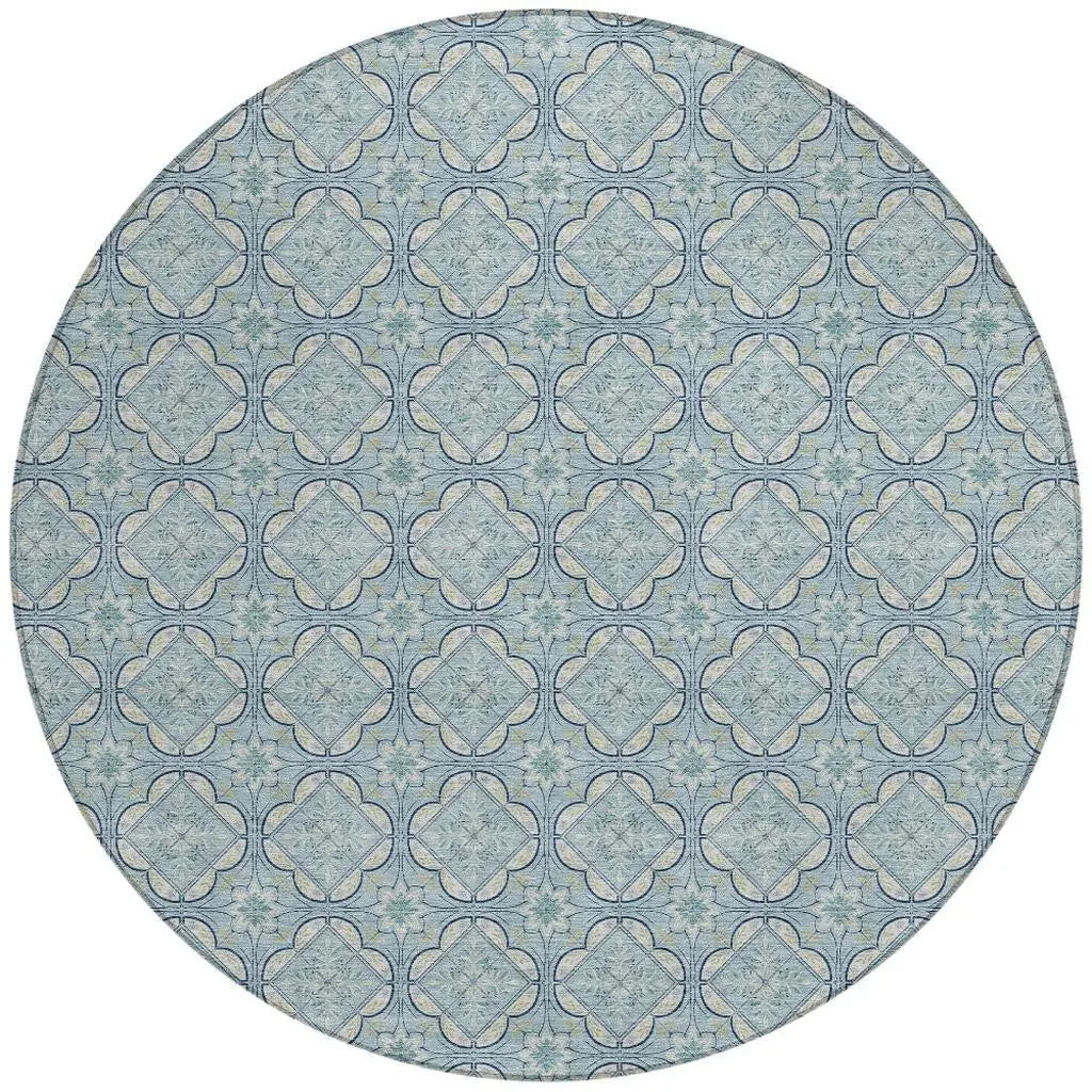 8' Sky Blue And Blue Round Geometric Washable Indoor Outdoor Area Rug Homeroots Outdoor