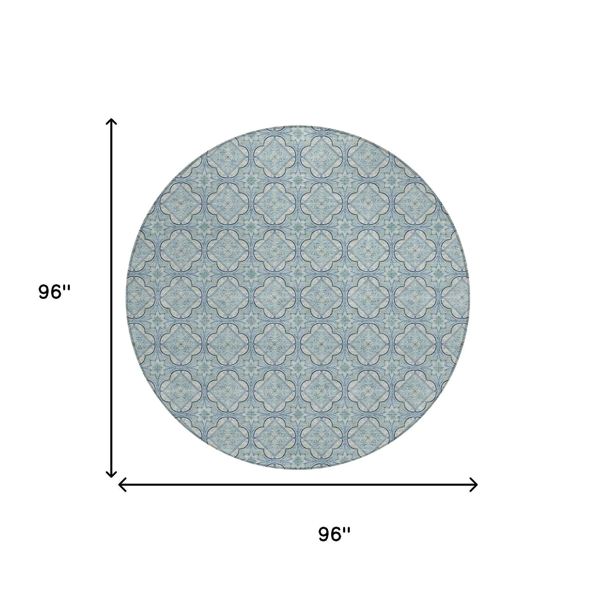 8' Sky Blue And Blue Round Geometric Washable Indoor Outdoor Area Rug Homeroots Outdoor