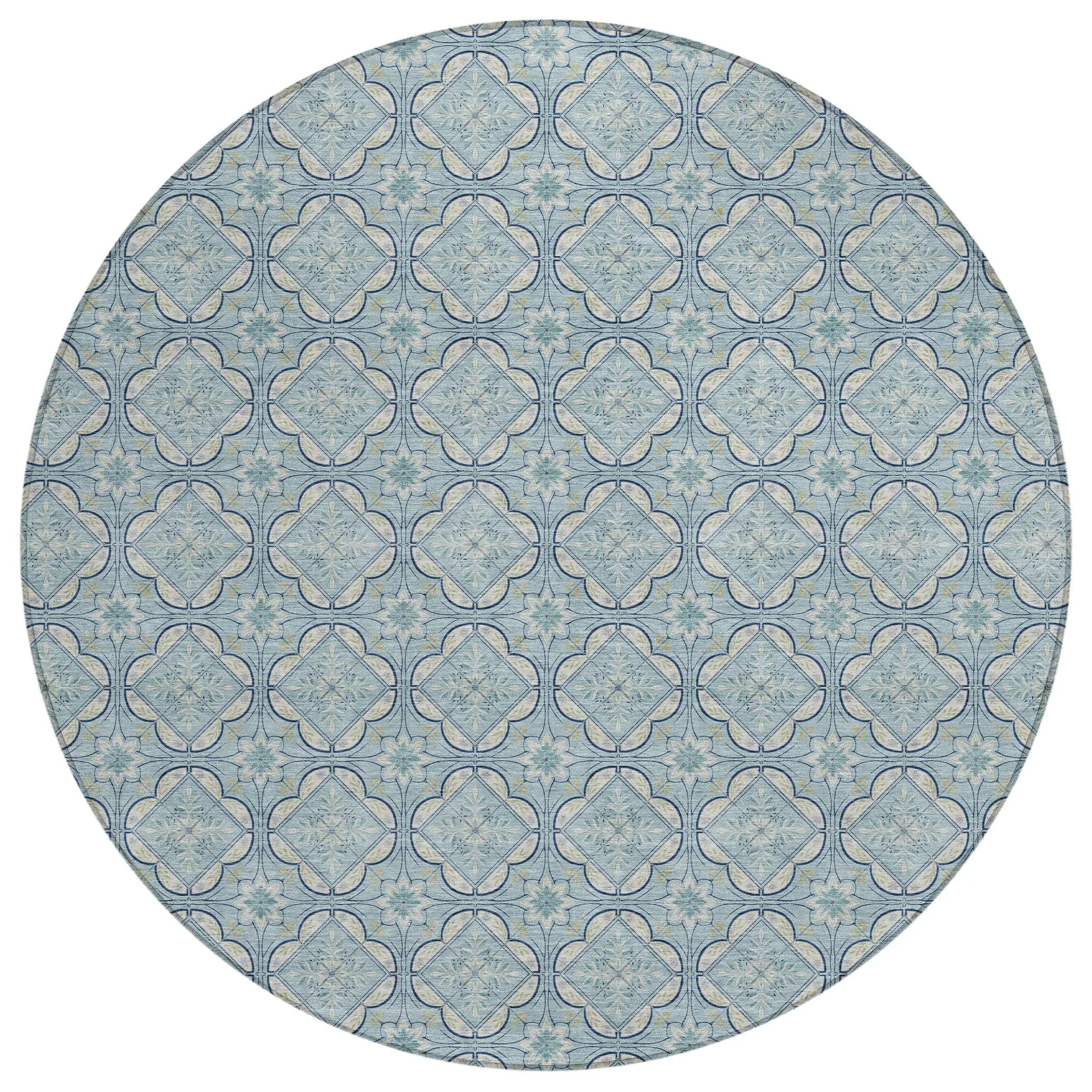 8' Sky Blue And Blue Round Geometric Washable Indoor Outdoor Area Rug Homeroots Outdoor