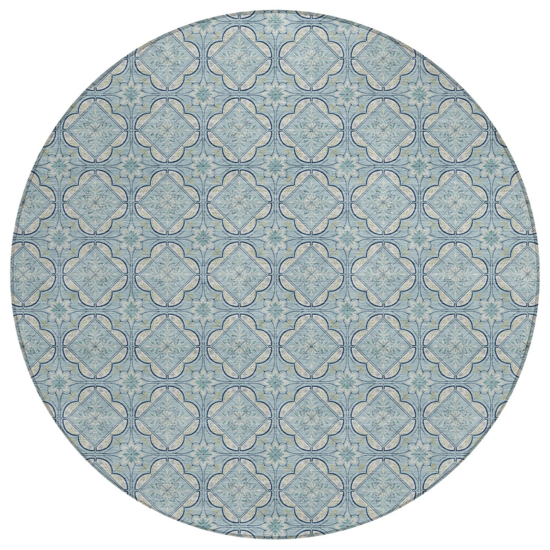 8' Sky Blue And Blue Round Geometric Washable Indoor Outdoor Area Rug Homeroots Outdoor