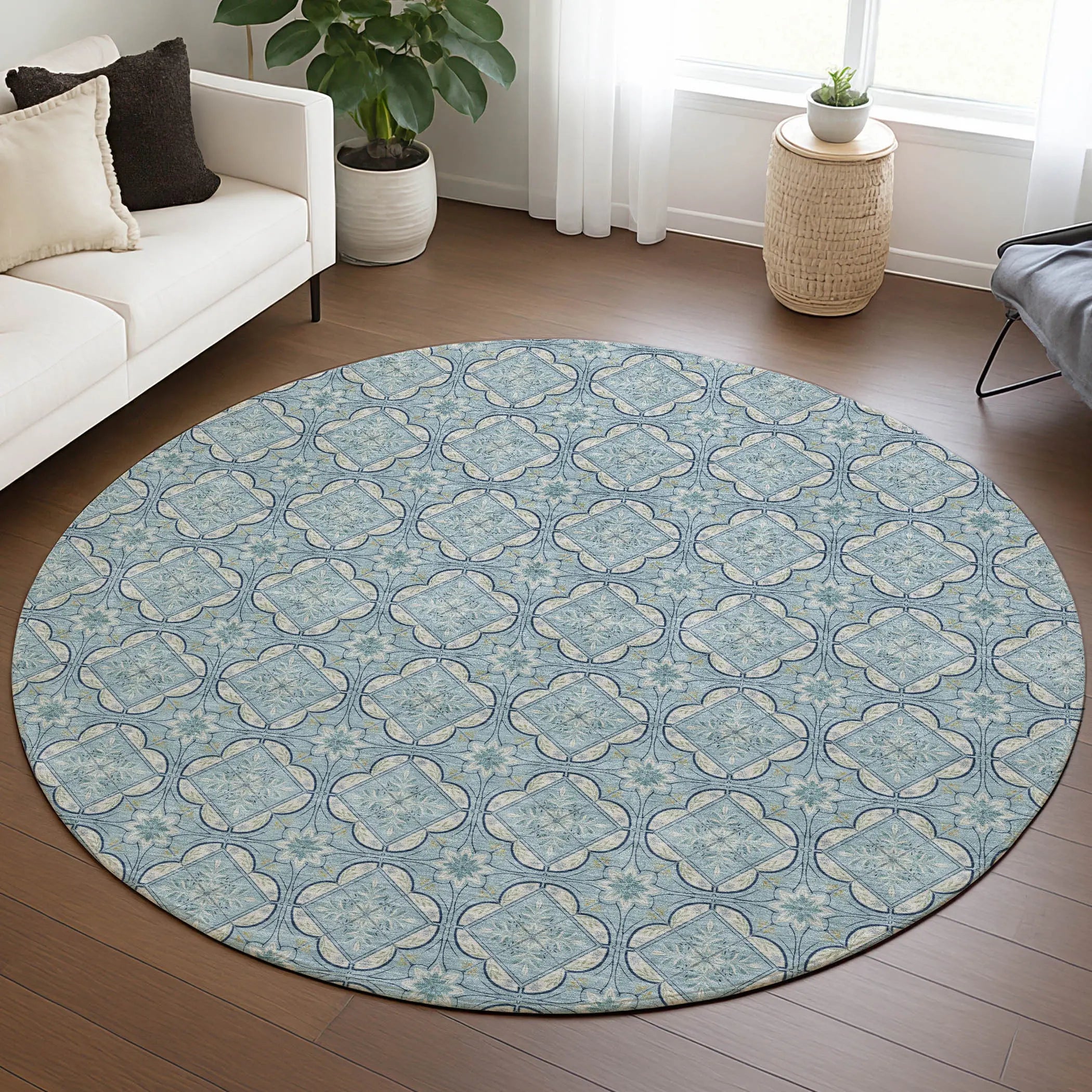 8' Sky Blue And Blue Round Geometric Washable Indoor Outdoor Area Rug Homeroots Outdoor