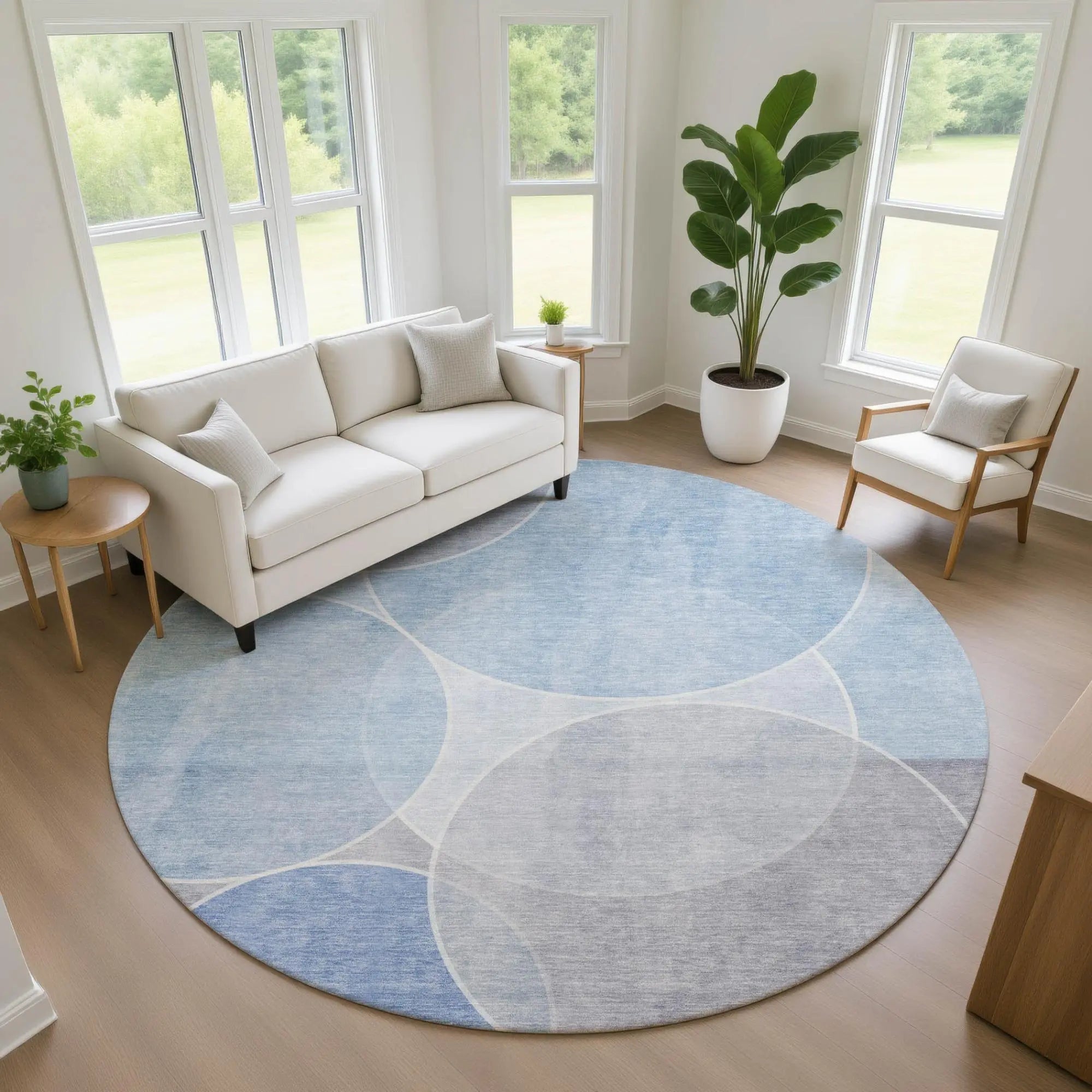 8' Sky Blue And Blue Round Geometric Washable Indoor Outdoor Area Rug Homeroots Outdoor