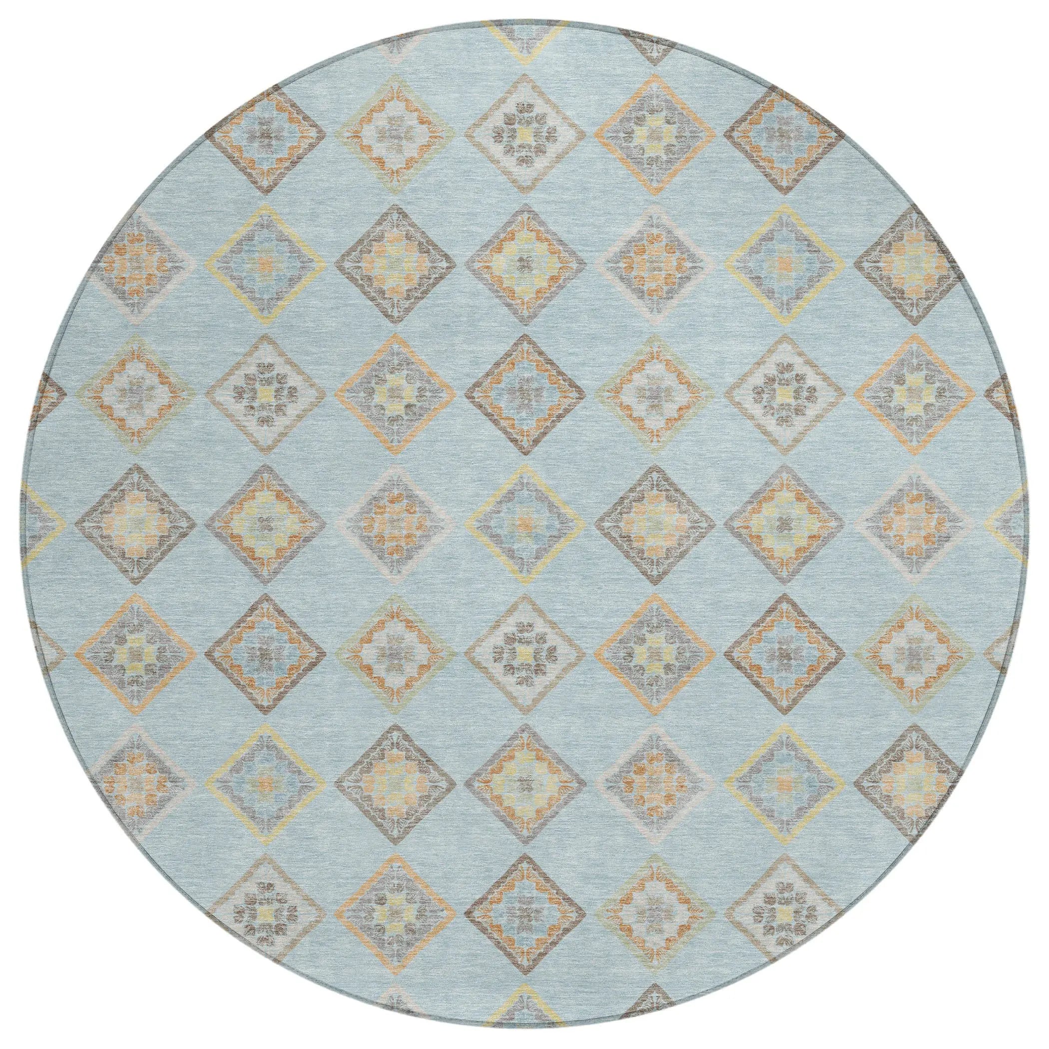 8' Sky Blue And Blue Round Geometric Washable Indoor Outdoor Area Rug Homeroots Outdoor