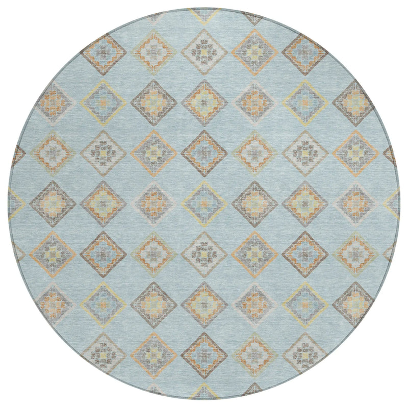8' Sky Blue And Blue Round Geometric Washable Indoor Outdoor Area Rug Homeroots Outdoor