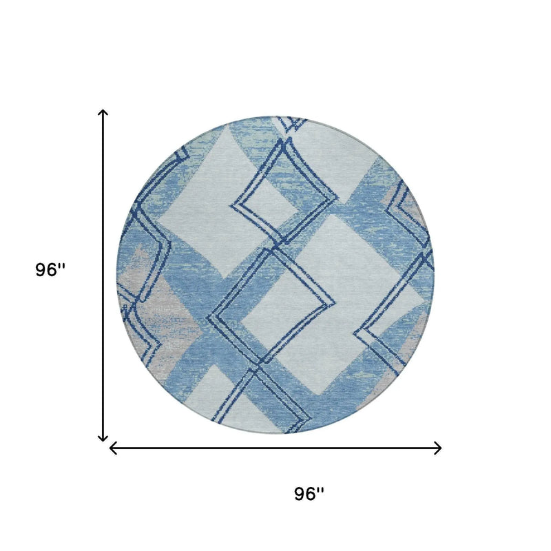 8' Sky Blue And Blue Round Geometric Washable Indoor Outdoor Area Rug Homeroots Outdoor