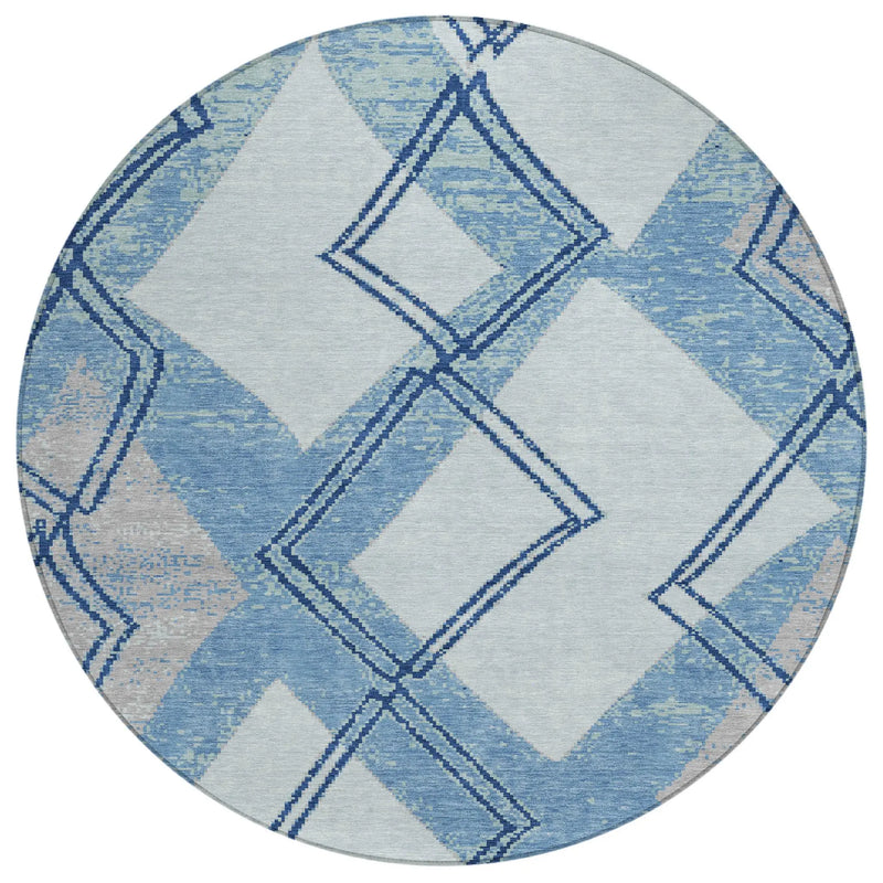 8' Sky Blue And Blue Round Geometric Washable Indoor Outdoor Area Rug Homeroots Outdoor