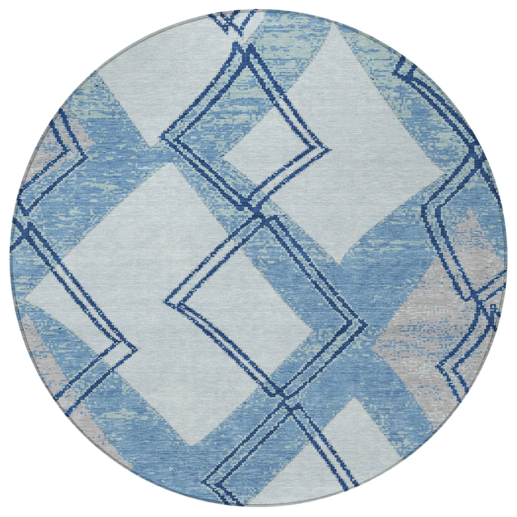 8' Sky Blue And Blue Round Geometric Washable Indoor Outdoor Area Rug Homeroots Outdoor