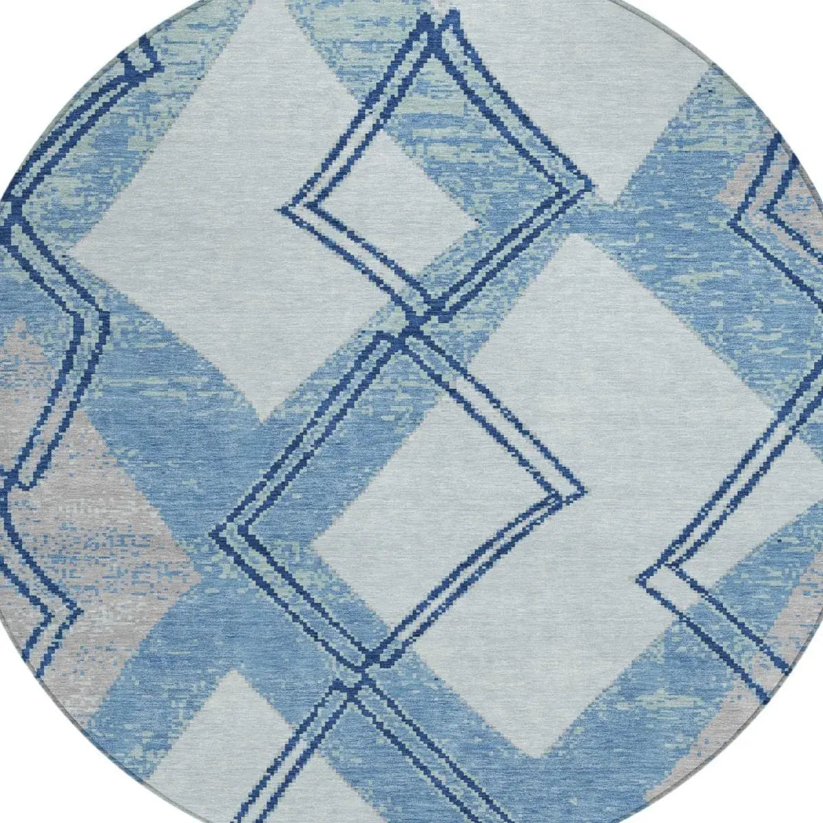 8' Sky Blue And Blue Round Geometric Washable Indoor Outdoor Area Rug Homeroots Outdoor