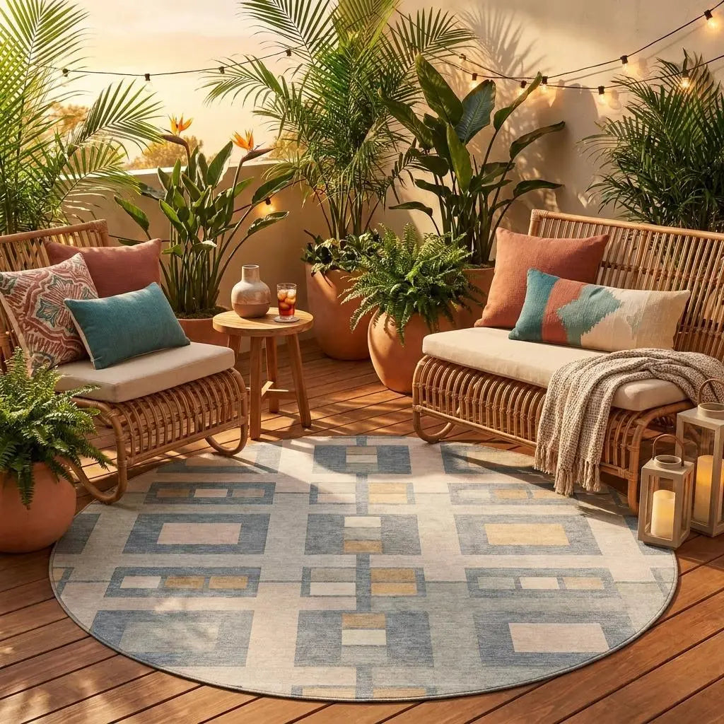 8' Sky Blue And Blue Round Geometric Washable Indoor Outdoor Area Rug Homeroots Outdoor
