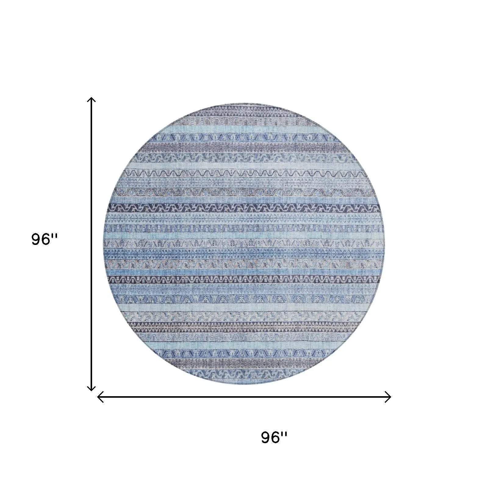 Round 96'' blue patterned area rug, featuring intricate stripes and a soft, durable fabric ideal for modern decor.