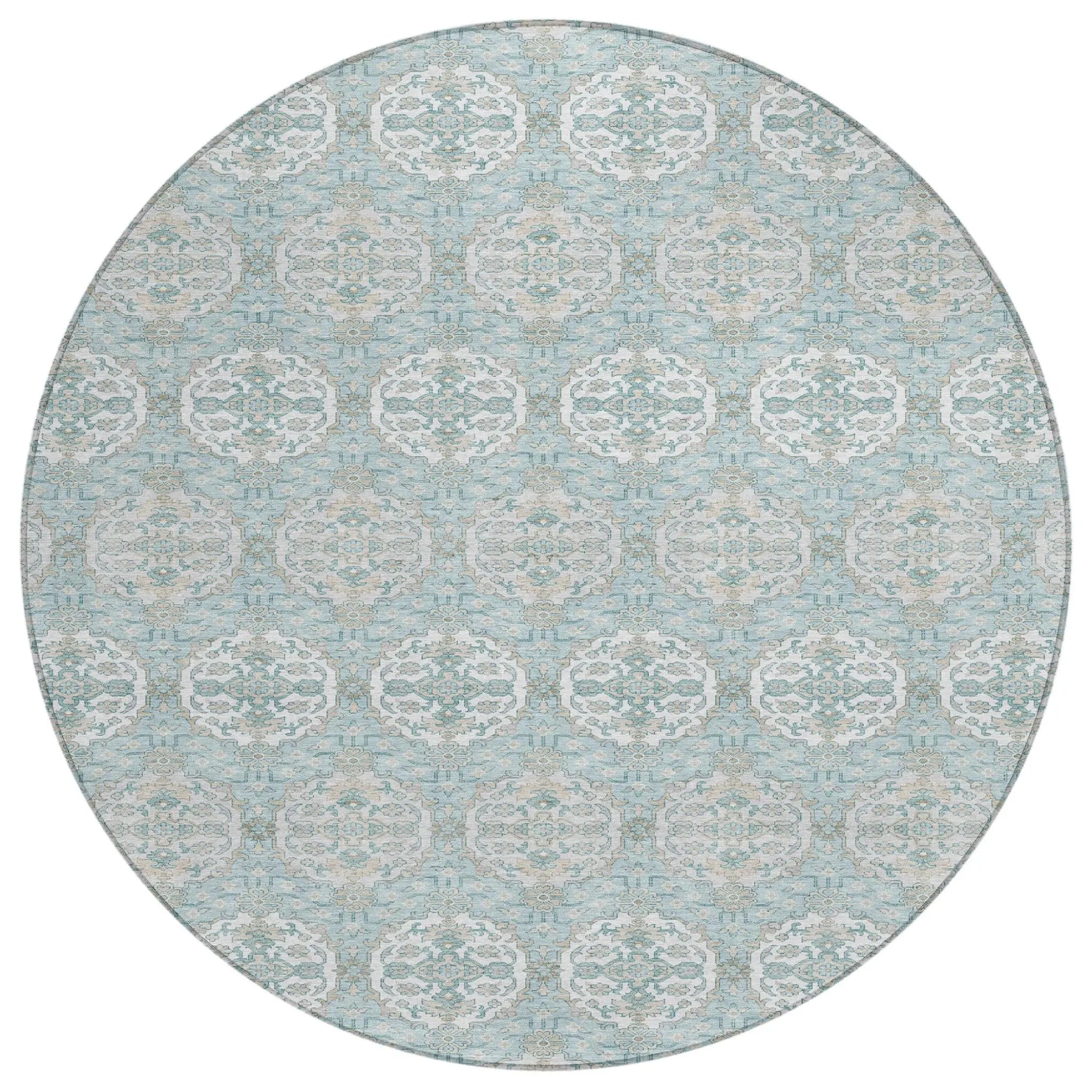 8' Sky Blue And Blue Round Striped Washable Indoor Outdoor Area Rug Homeroots Outdoor