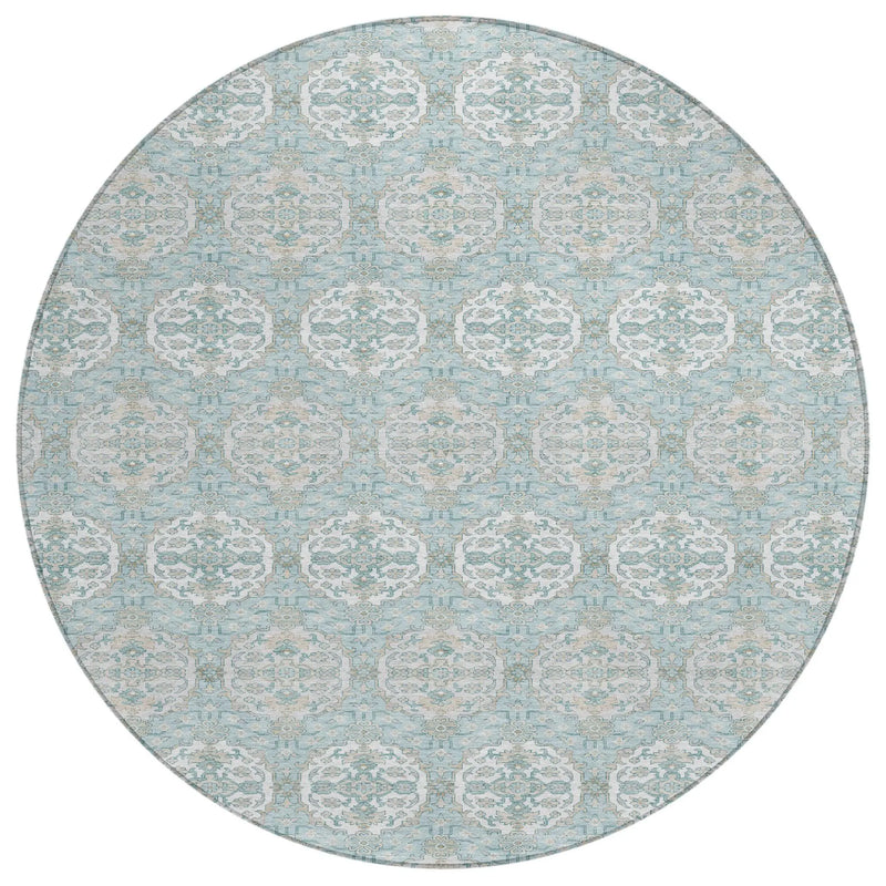 8' Sky Blue And Blue Round Striped Washable Indoor Outdoor Area Rug Homeroots Outdoor