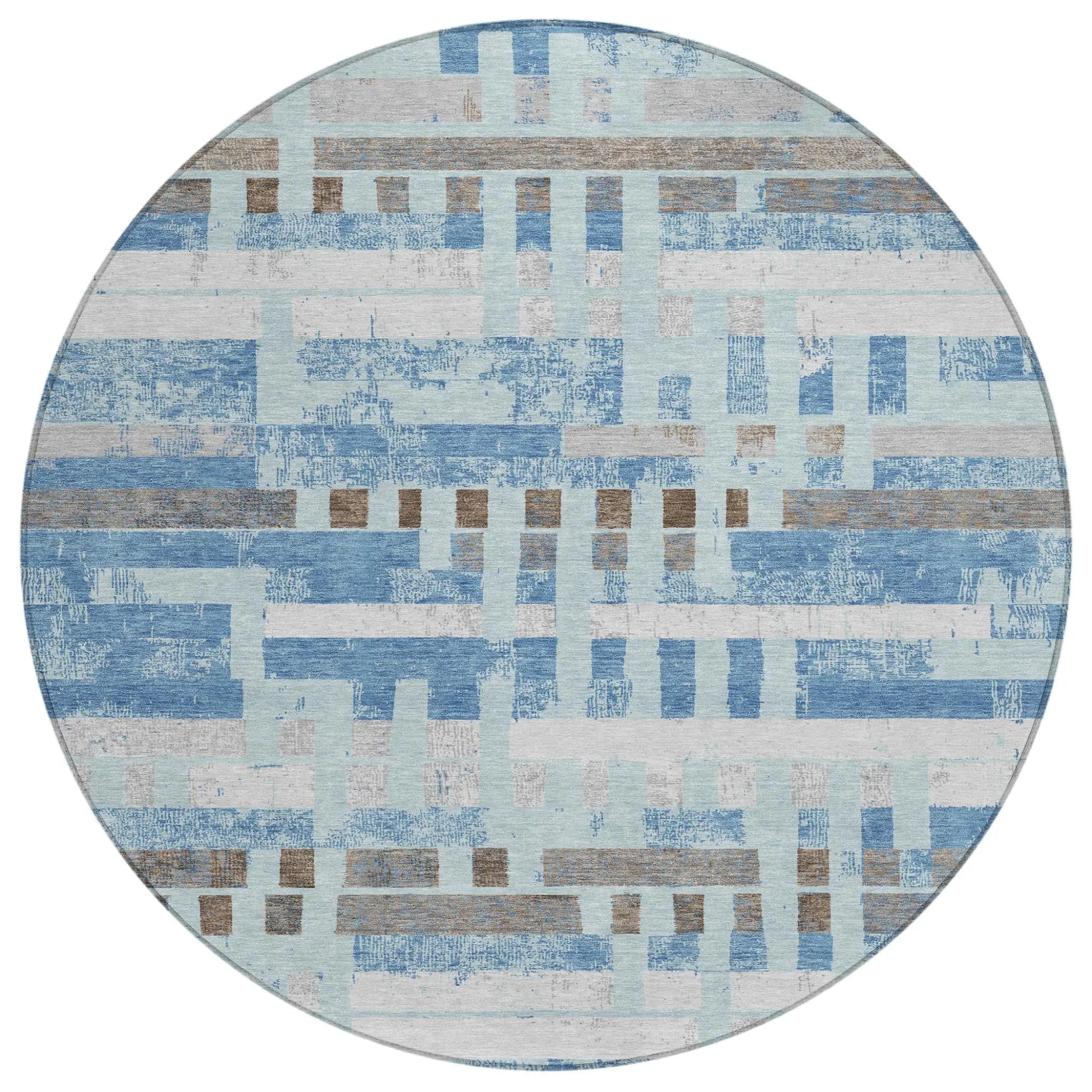 8' Sky Blue And Blue Round Striped Washable Indoor Outdoor Area Rug Homeroots Outdoor