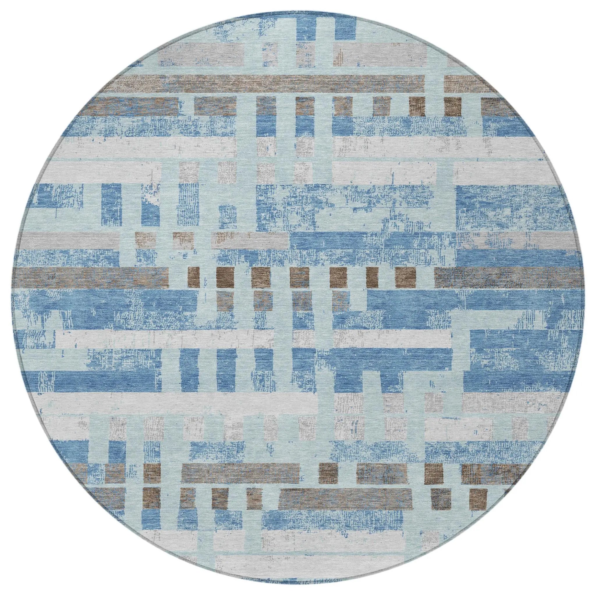 8' Sky Blue And Blue Round Striped Washable Indoor Outdoor Area Rug Homeroots Outdoor