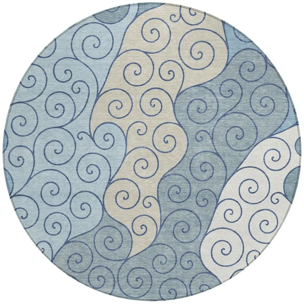8' Sky Blue And Denim Blue Round Abstract Washable Indoor Outdoor Area Rug Homeroots Outdoor