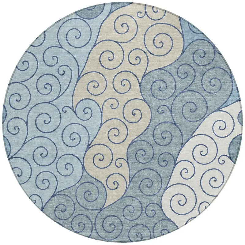 8' Sky Blue And Denim Blue Round Abstract Washable Indoor Outdoor Area Rug Homeroots Outdoor