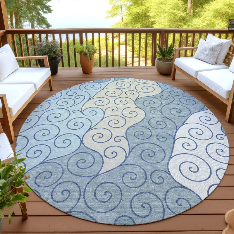 8' Sky Blue And Denim Blue Round Abstract Washable Indoor Outdoor Area Rug Homeroots Outdoor