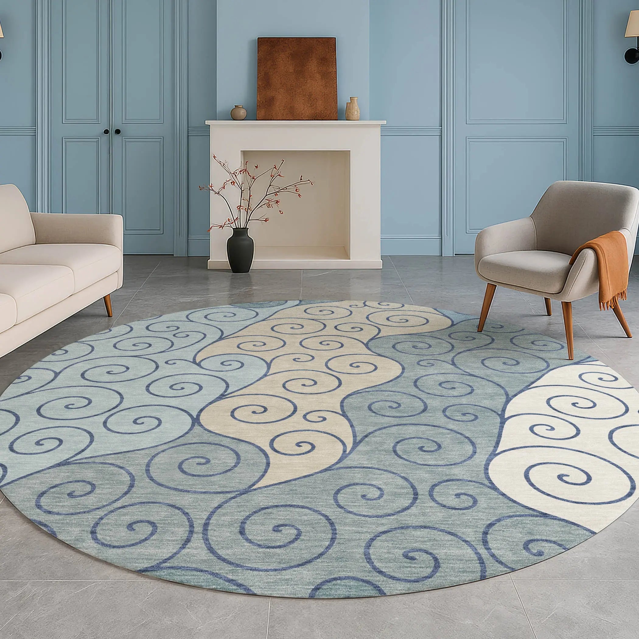 8' Sky Blue And Denim Blue Round Abstract Washable Indoor Outdoor Area Rug Homeroots Outdoor
