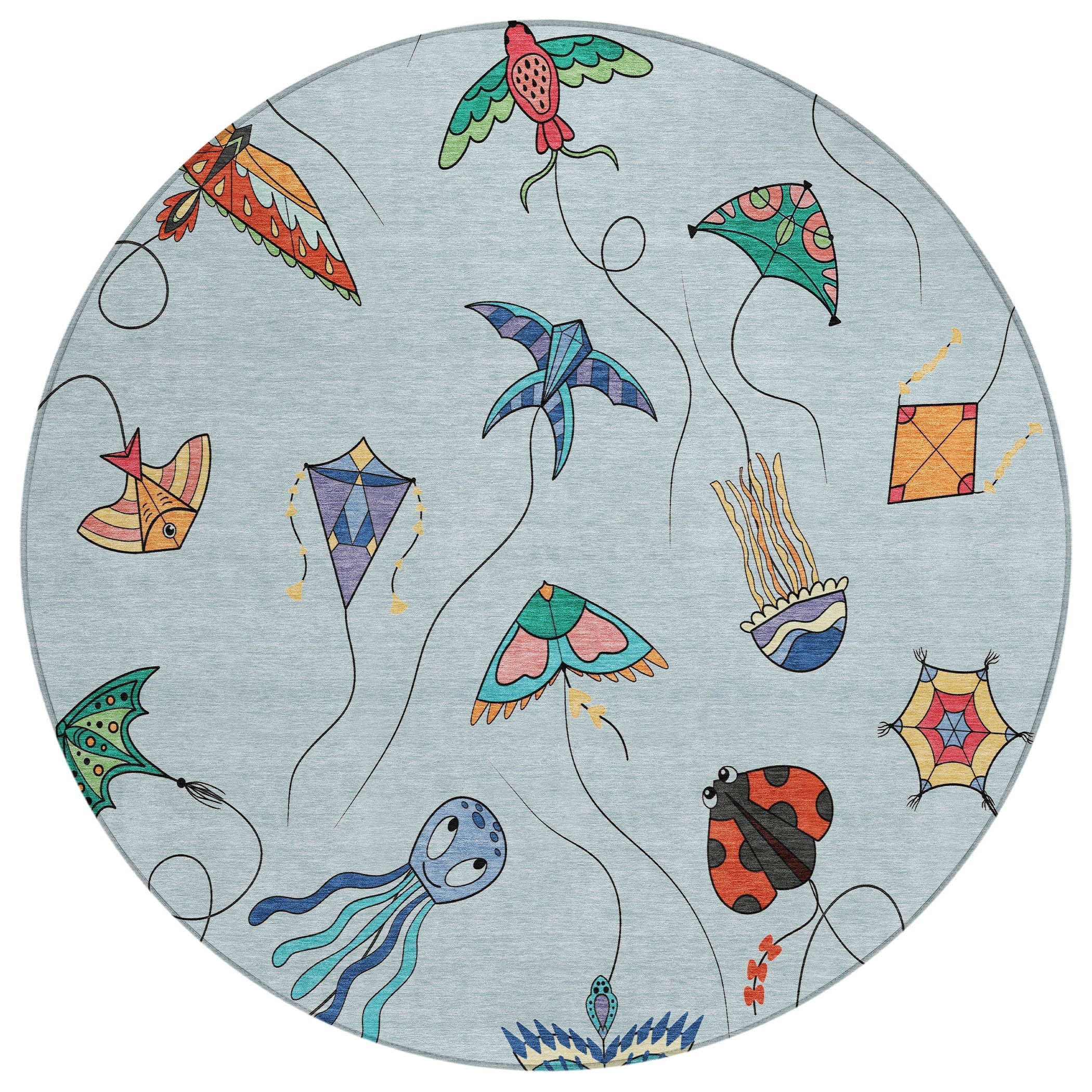 8' Sky Blue And Gold Round Geometric Washable Indoor Outdoor Area Rug Homeroots Outdoor