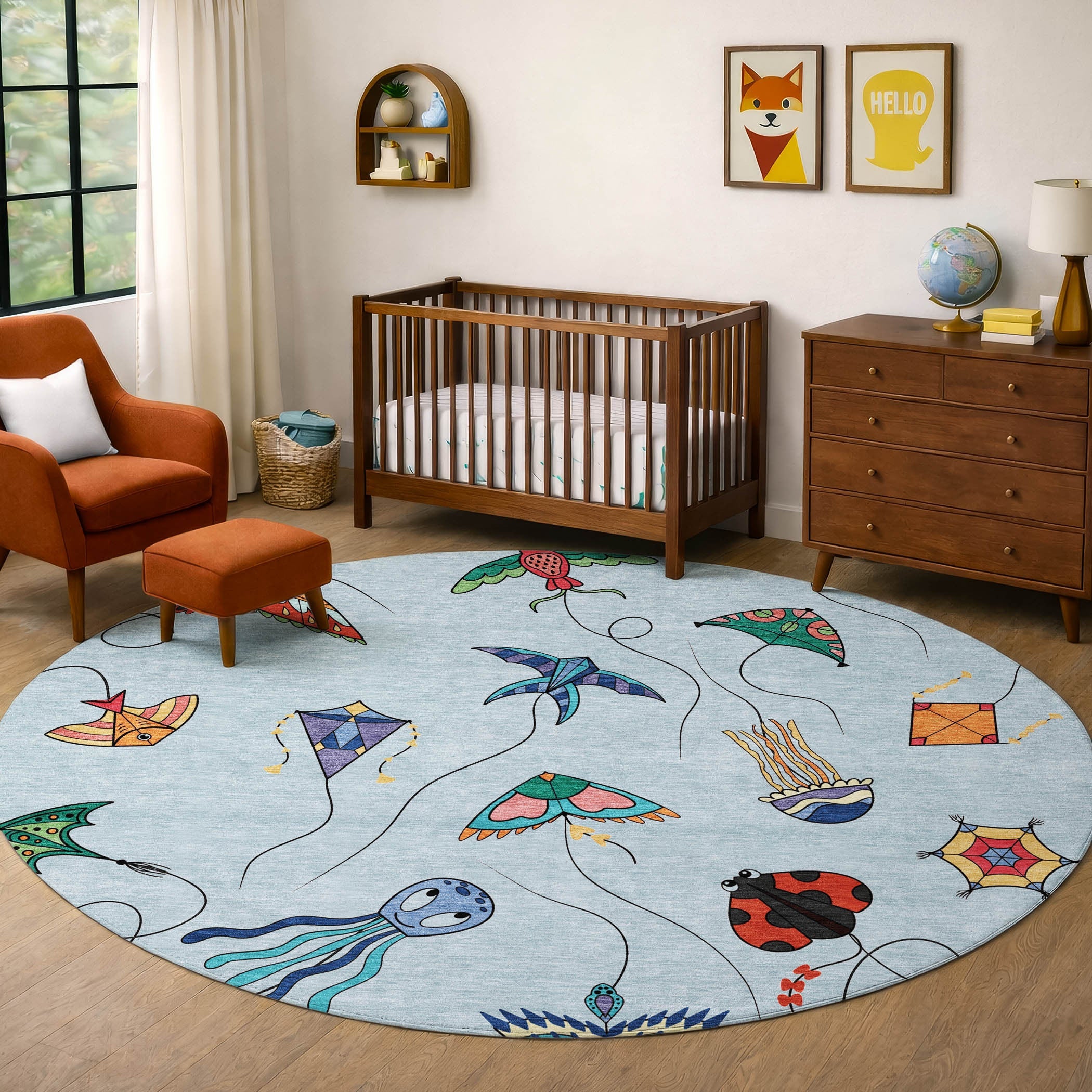 8' Sky Blue And Gold Round Geometric Washable Indoor Outdoor Area Rug Homeroots Outdoor