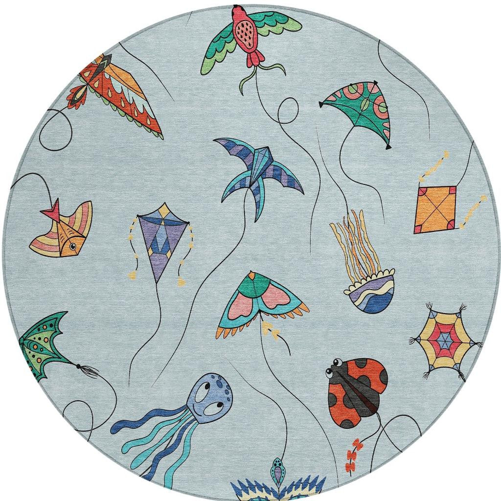 8' Sky Blue And Gold Round Geometric Washable Indoor Outdoor Area Rug Homeroots Outdoor