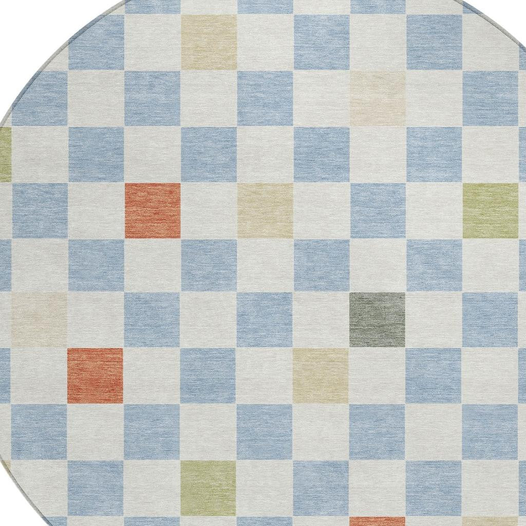 8' Sky Blue And Gray Round Geometric Washable Indoor Outdoor Area Rug Homeroots Outdoor
