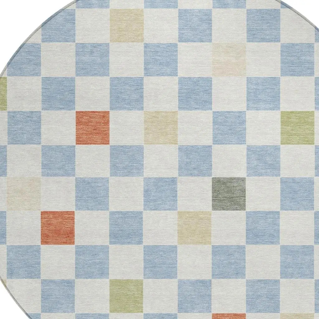 8' Sky Blue And Gray Round Geometric Washable Indoor Outdoor Area Rug Homeroots Outdoor