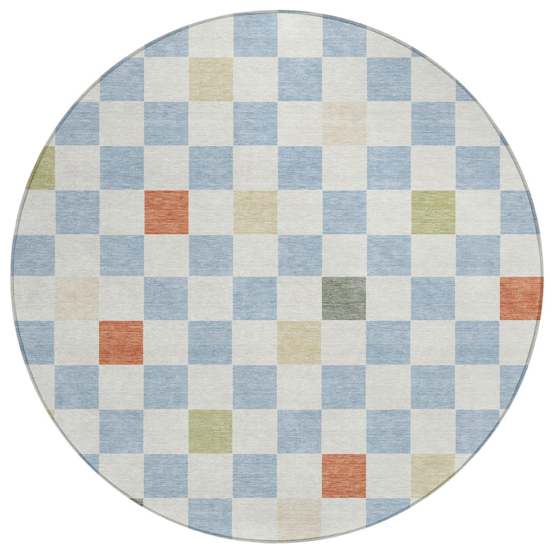8' Sky Blue And Gray Round Geometric Washable Indoor Outdoor Area Rug Homeroots Outdoor