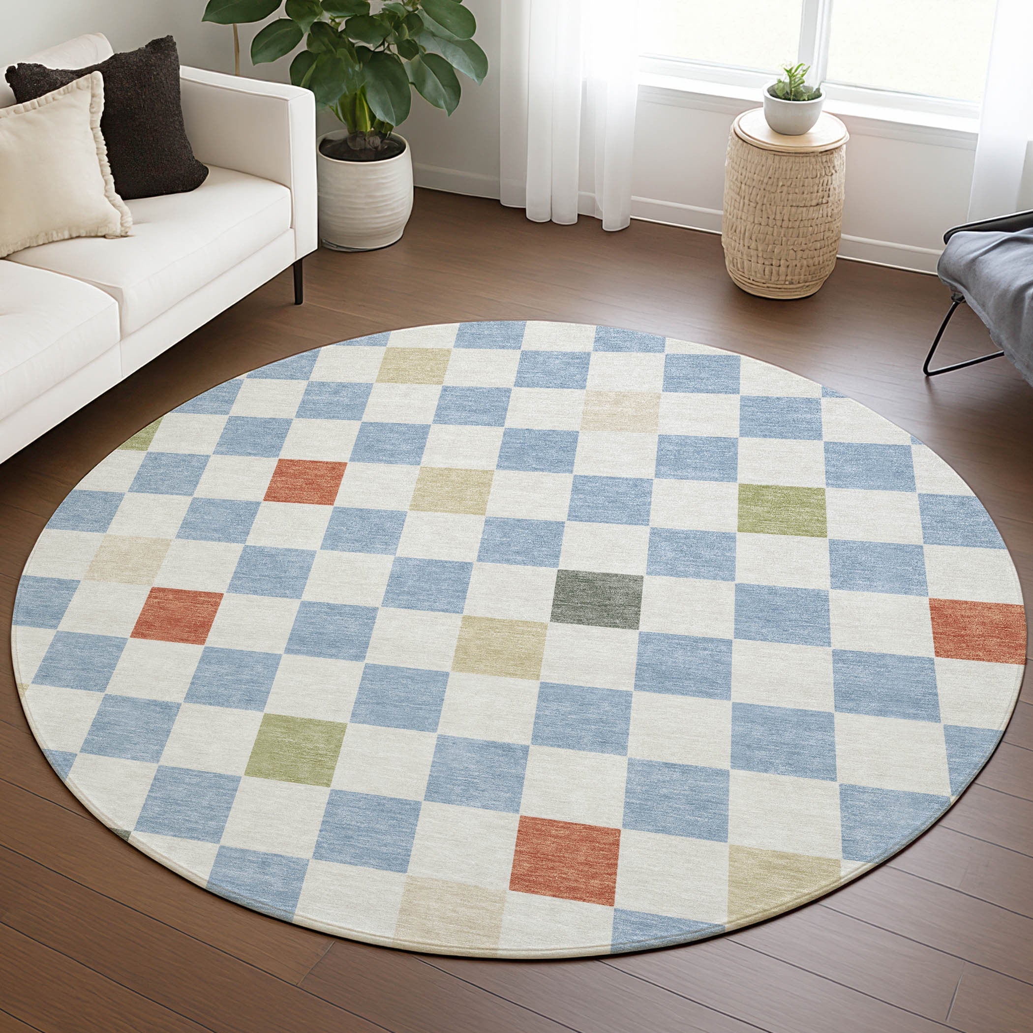 8' Sky Blue And Gray Round Geometric Washable Indoor Outdoor Area Rug Homeroots Outdoor