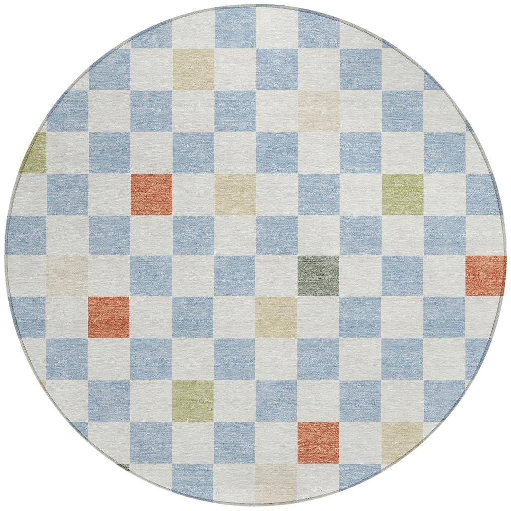 8' Sky Blue And Gray Round Geometric Washable Indoor Outdoor Area Rug Homeroots Outdoor