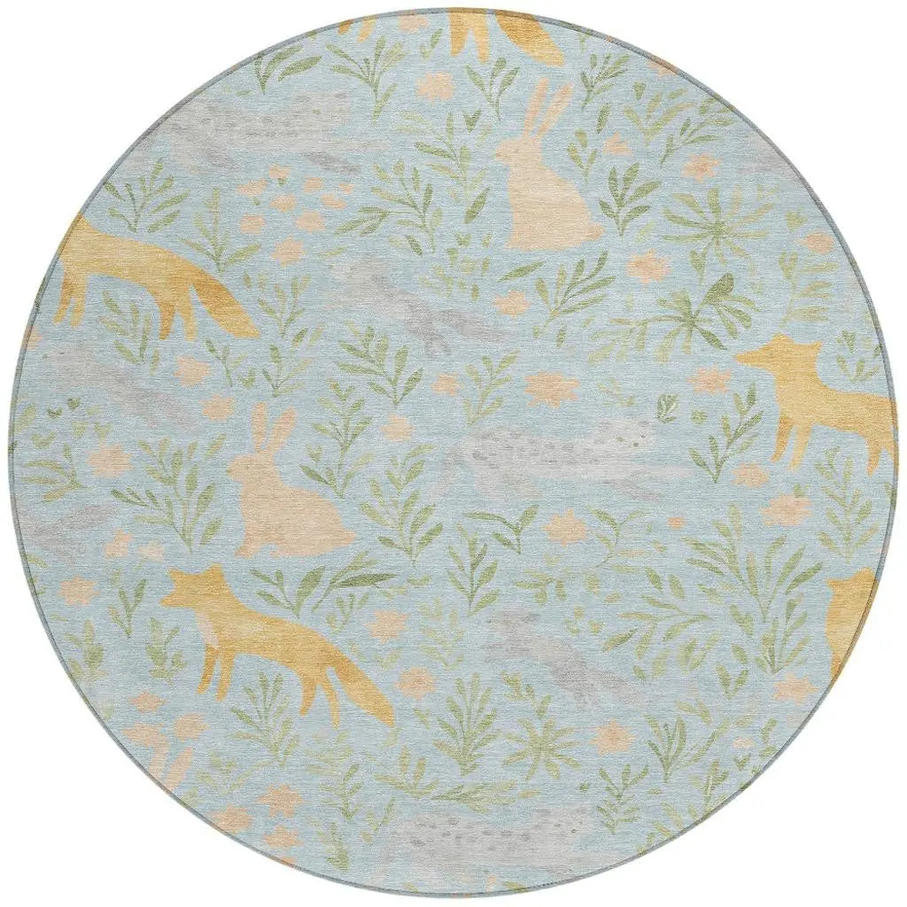 8' Sky Blue And Green Round Botanical Leaves Washable Indoor Outdoor Area Rug Homeroots Outdoor