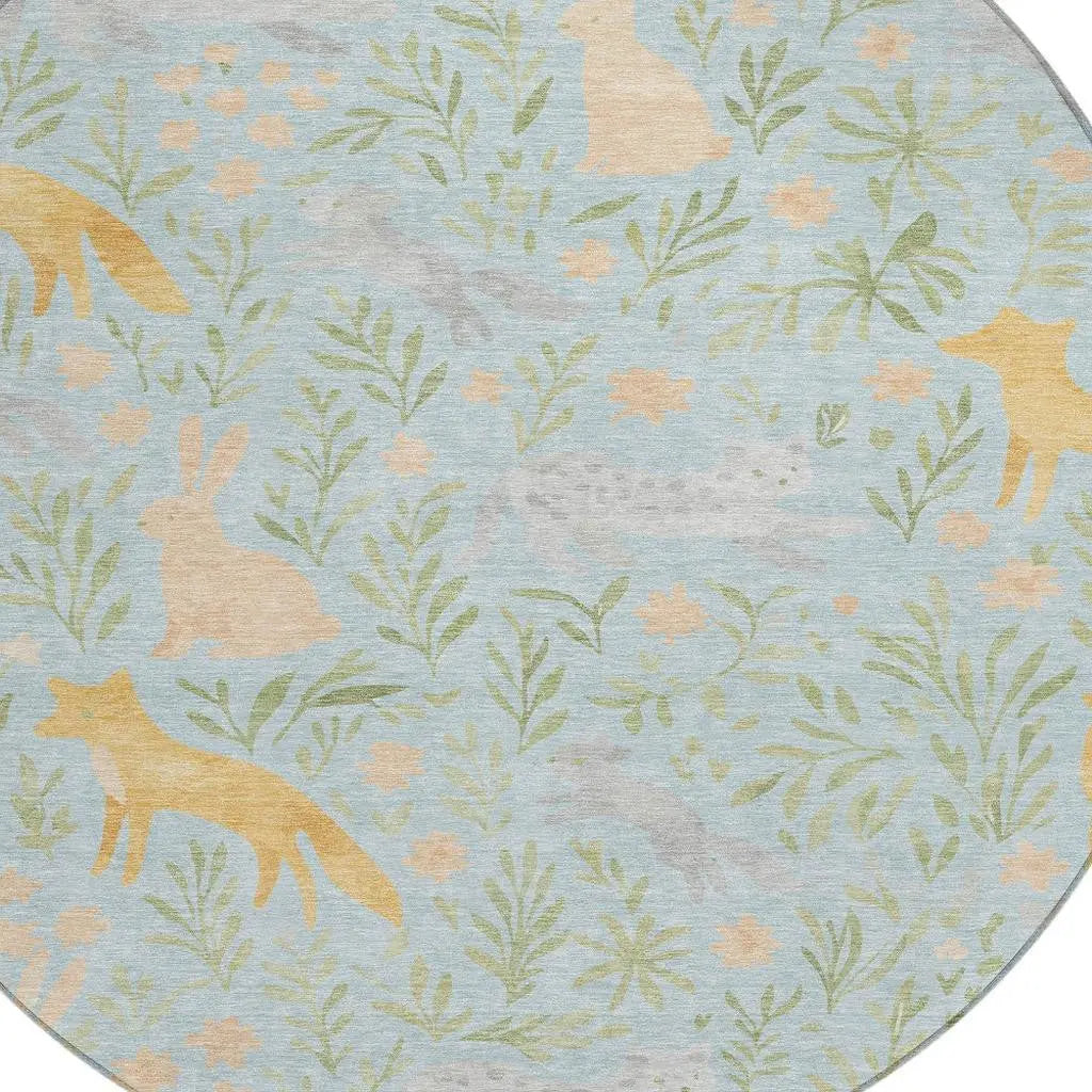8' Sky Blue And Green Round Botanical Leaves Washable Indoor Outdoor Area Rug Homeroots Outdoor