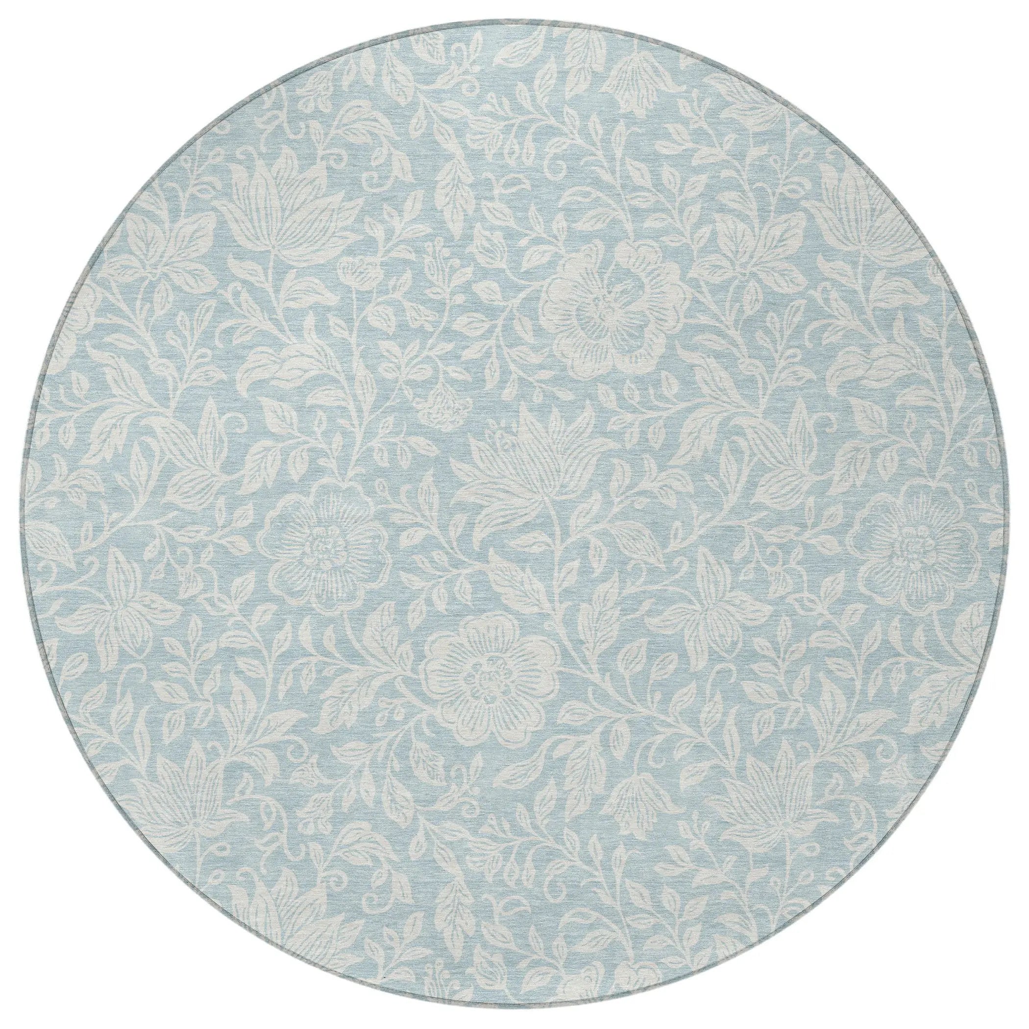 8' Sky Blue And Ivory Round Floral Washable Indoor Outdoor Area Rug Homeroots Outdoor
