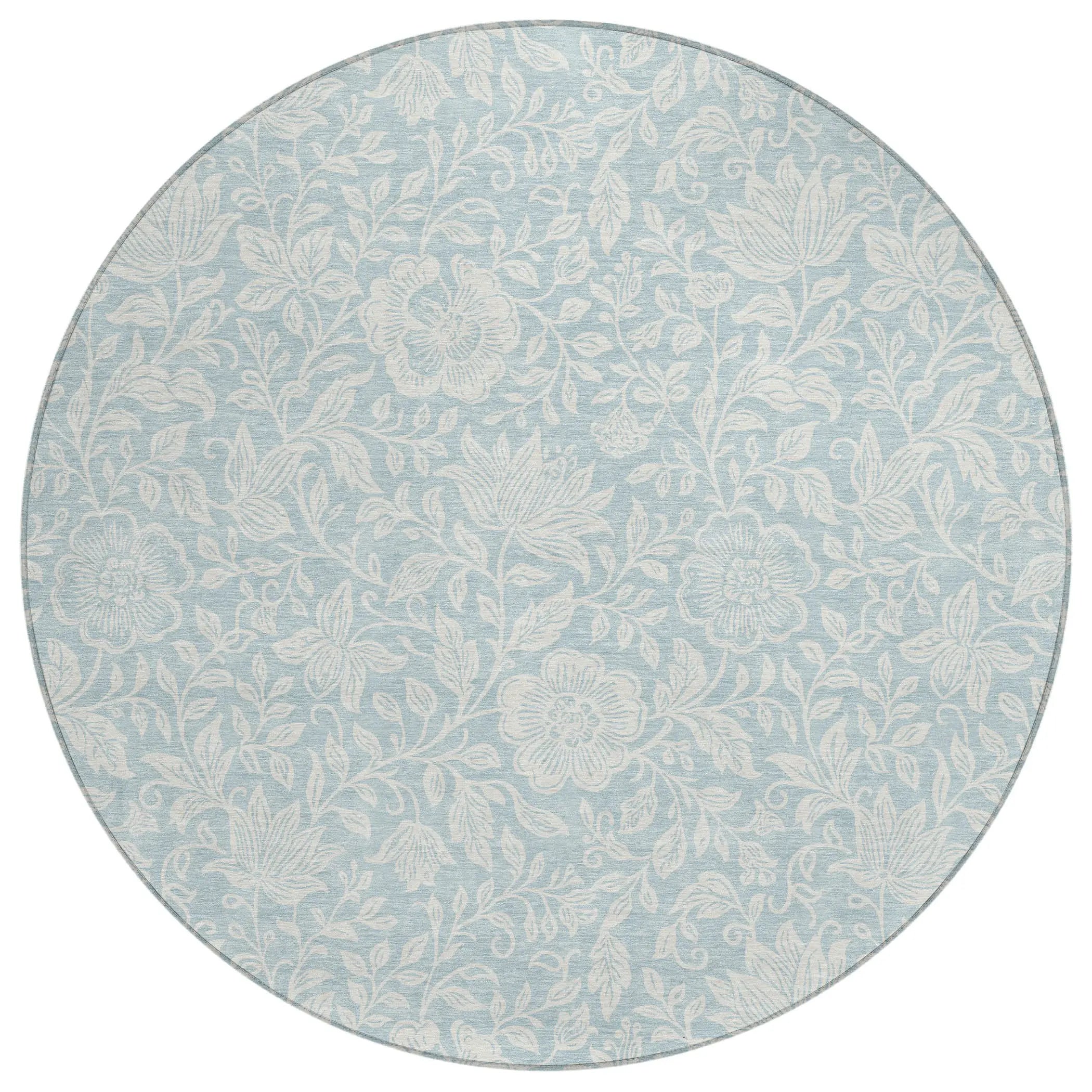 8' Sky Blue And Ivory Round Floral Washable Indoor Outdoor Area Rug Homeroots Outdoor