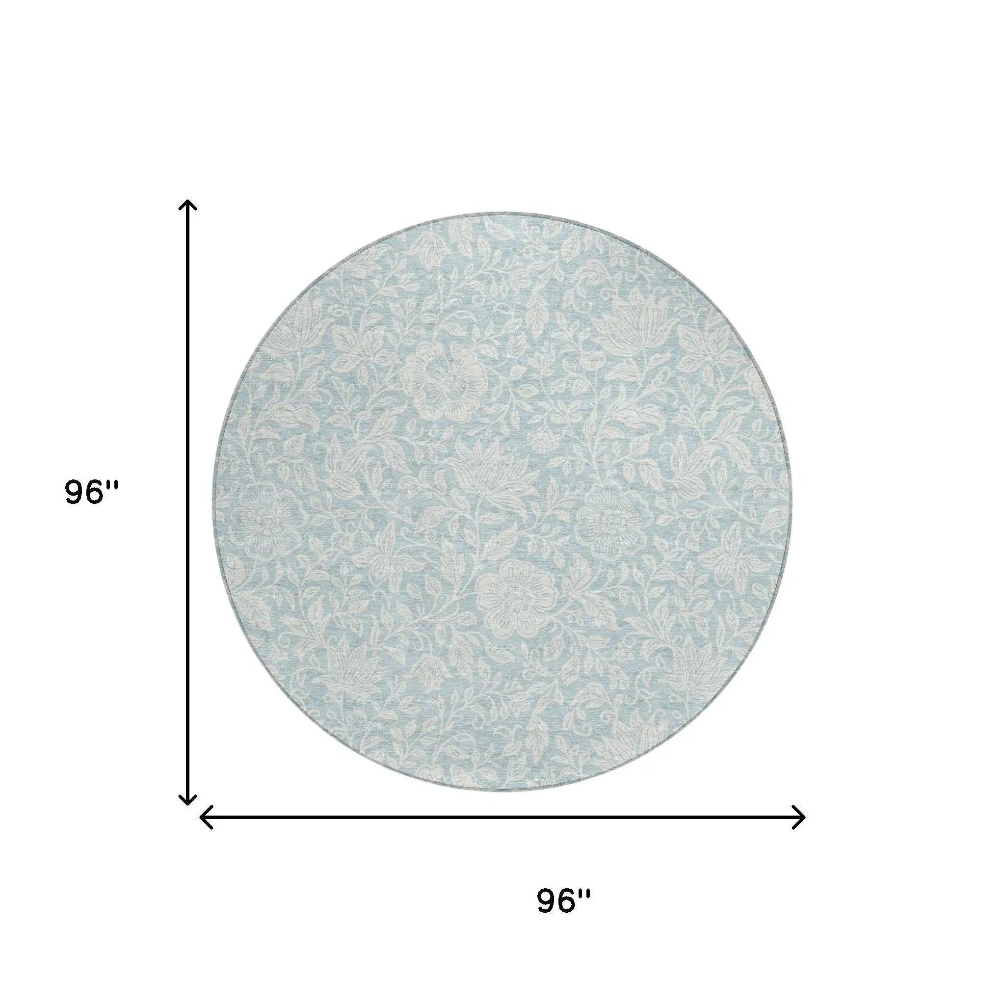 8' Sky Blue And Ivory Round Floral Washable Indoor Outdoor Area Rug Homeroots Outdoor
