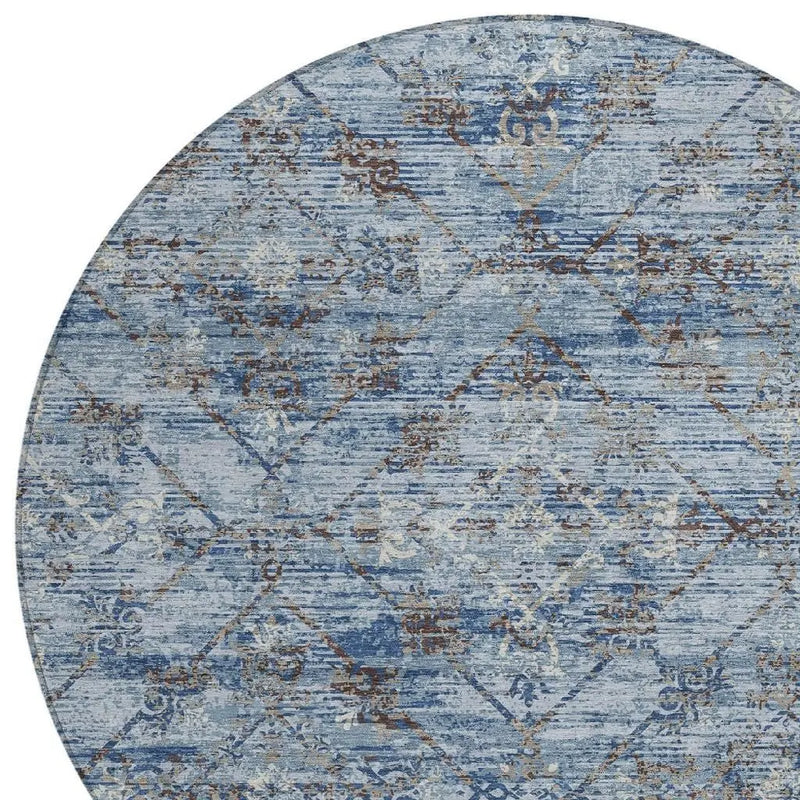 8' Sky Blue And Ivory Round Geometric Washable Indoor Outdoor Area Rug Homeroots Outdoor