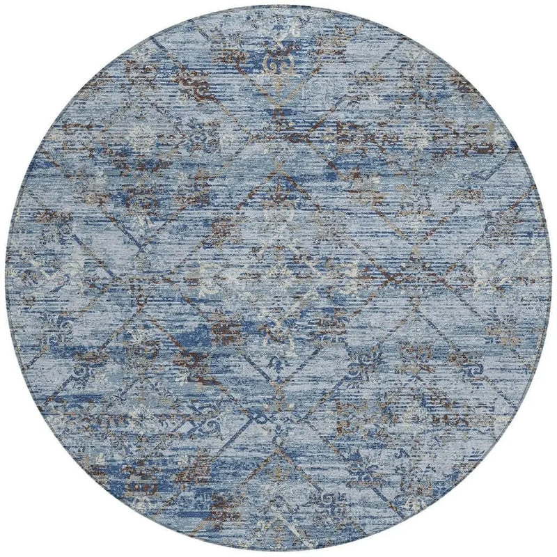 8' Sky Blue And Ivory Round Geometric Washable Indoor Outdoor Area Rug Homeroots Outdoor