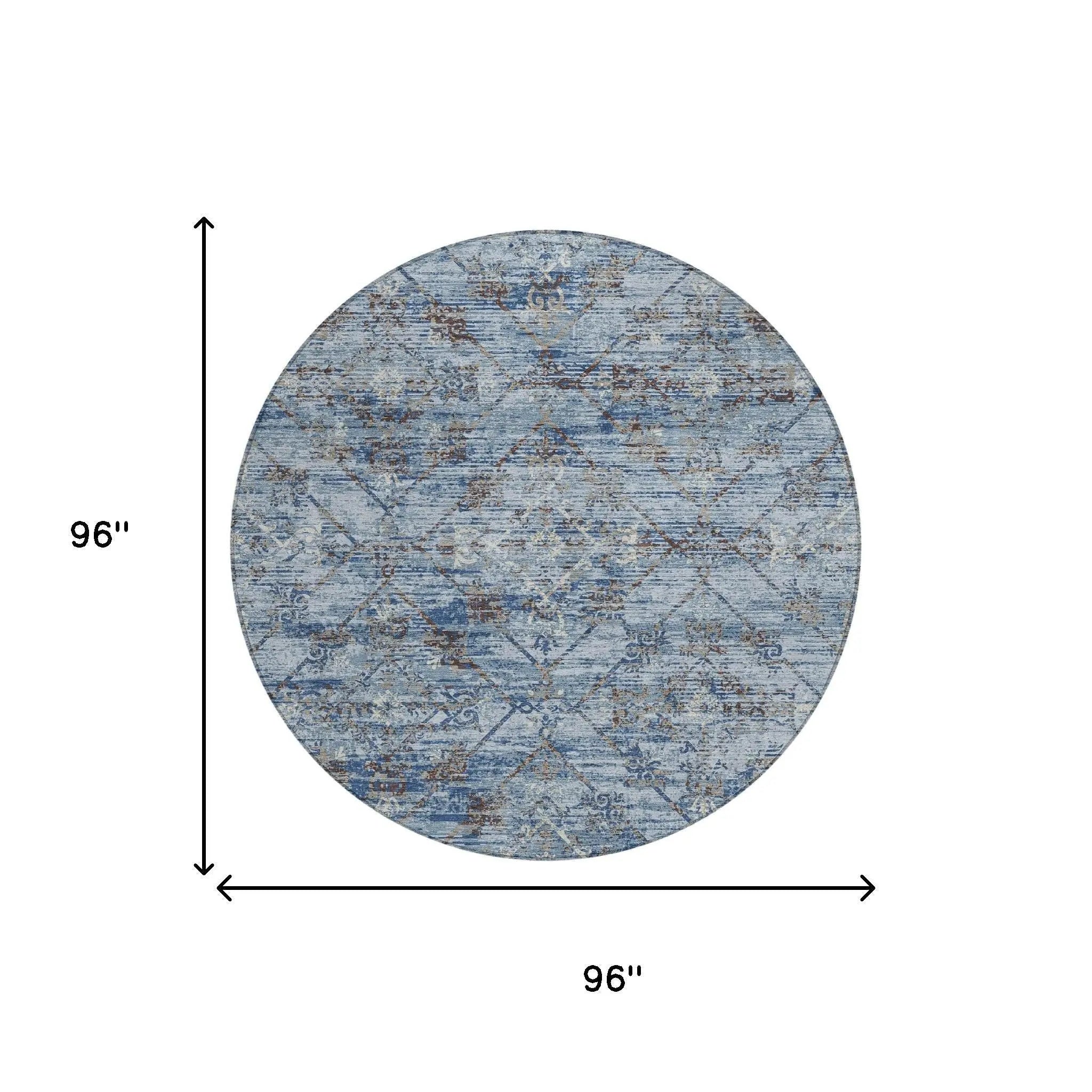 8' Sky Blue And Ivory Round Geometric Washable Indoor Outdoor Area Rug Homeroots Outdoor