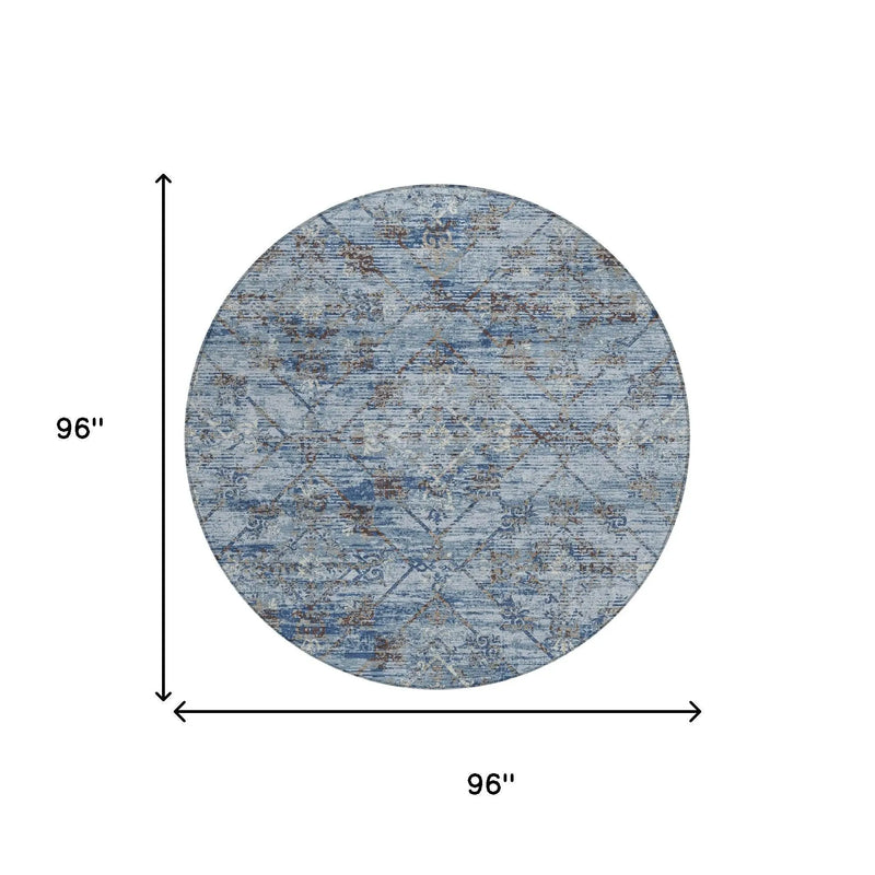 8' Sky Blue And Ivory Round Geometric Washable Indoor Outdoor Area Rug Homeroots Outdoor