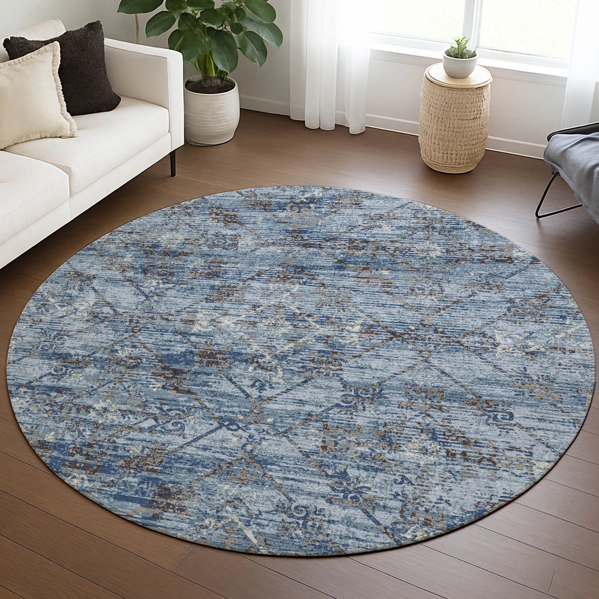 8' Sky Blue And Ivory Round Geometric Washable Indoor Outdoor Area Rug Homeroots Outdoor