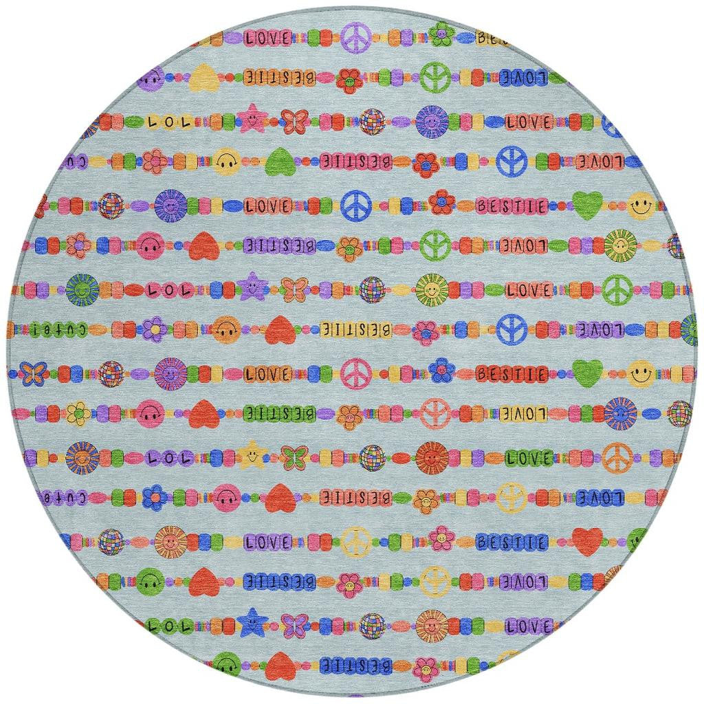 8' Sky Blue And Ivory Round Geometric Washable Indoor Outdoor Area Rug Homeroots Outdoor