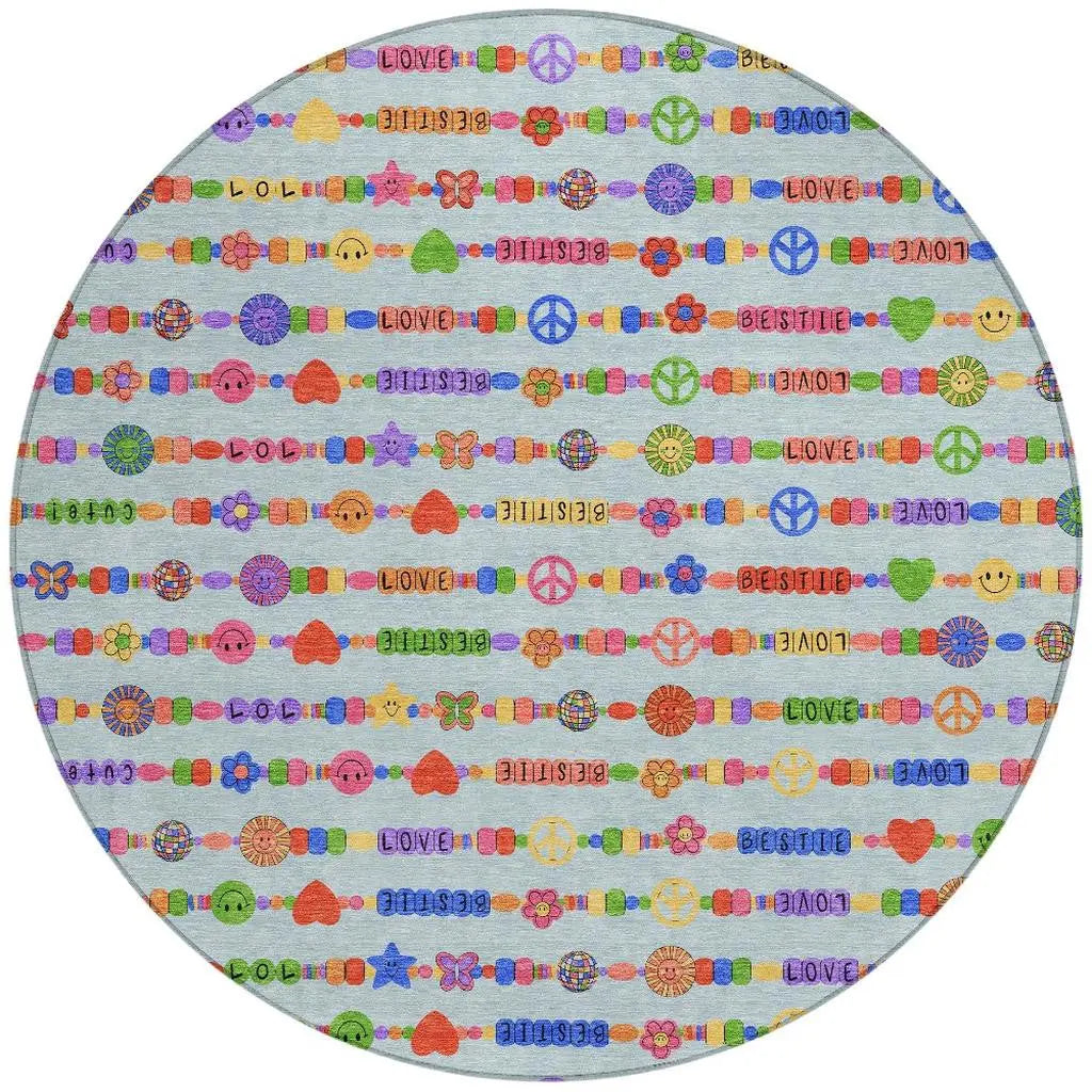 8' Sky Blue And Ivory Round Geometric Washable Indoor Outdoor Area Rug Homeroots Outdoor