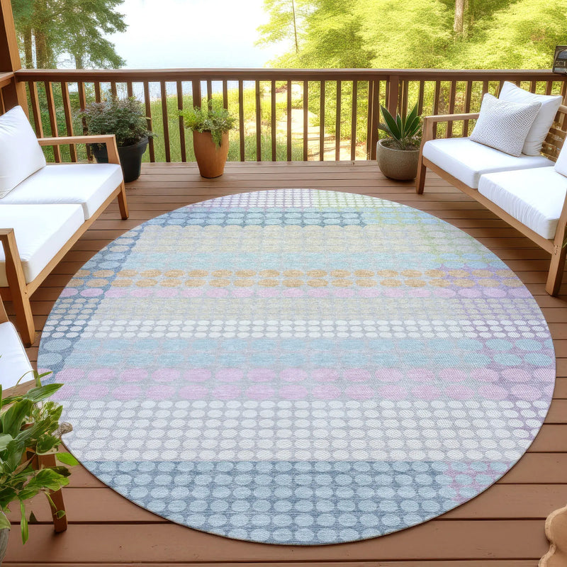 8' Sky Blue And Lavender Round Geometric Washable Indoor Outdoor Area Rug Homeroots Outdoor