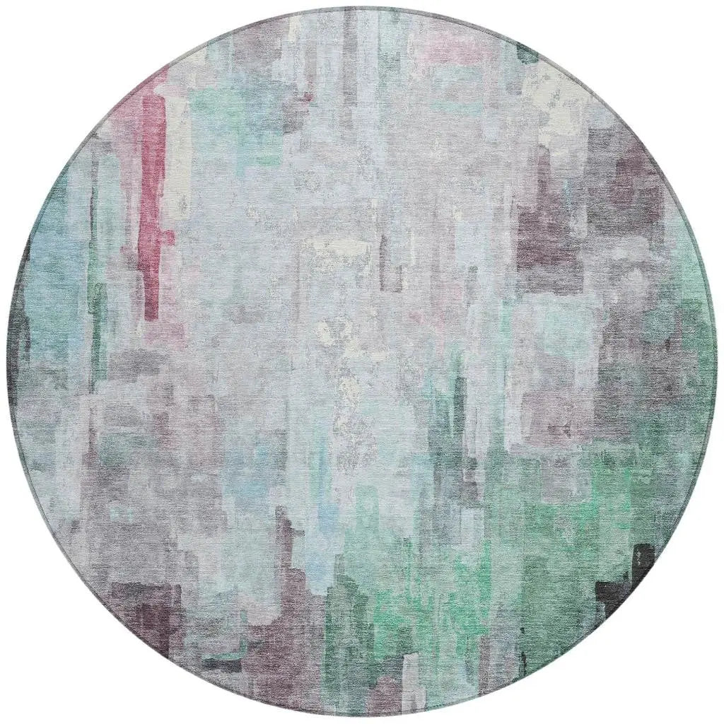 8' Sky Blue And Mauve Round Abstract Washable Indoor Outdoor Area Rug Homeroots Outdoor