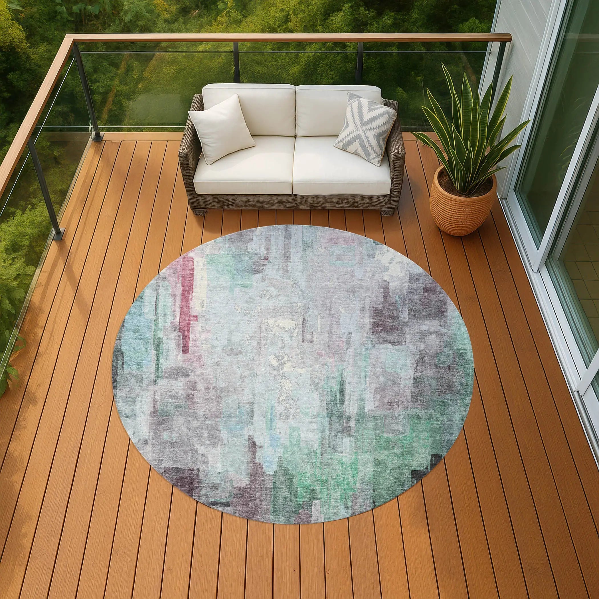 8' Sky Blue And Mauve Round Abstract Washable Indoor Outdoor Area Rug Homeroots Outdoor