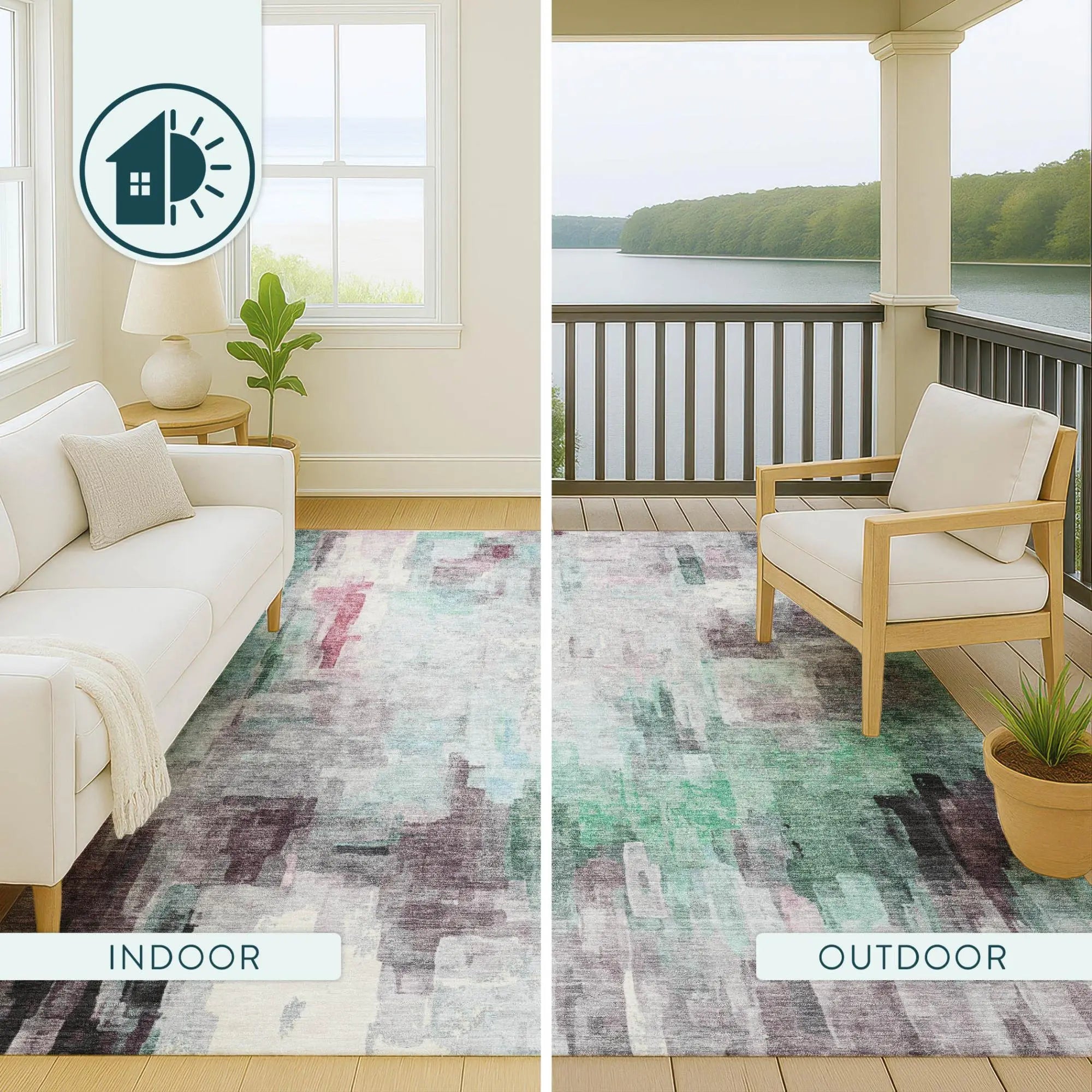 8' Sky Blue And Mauve Round Abstract Washable Indoor Outdoor Area Rug Homeroots Outdoor