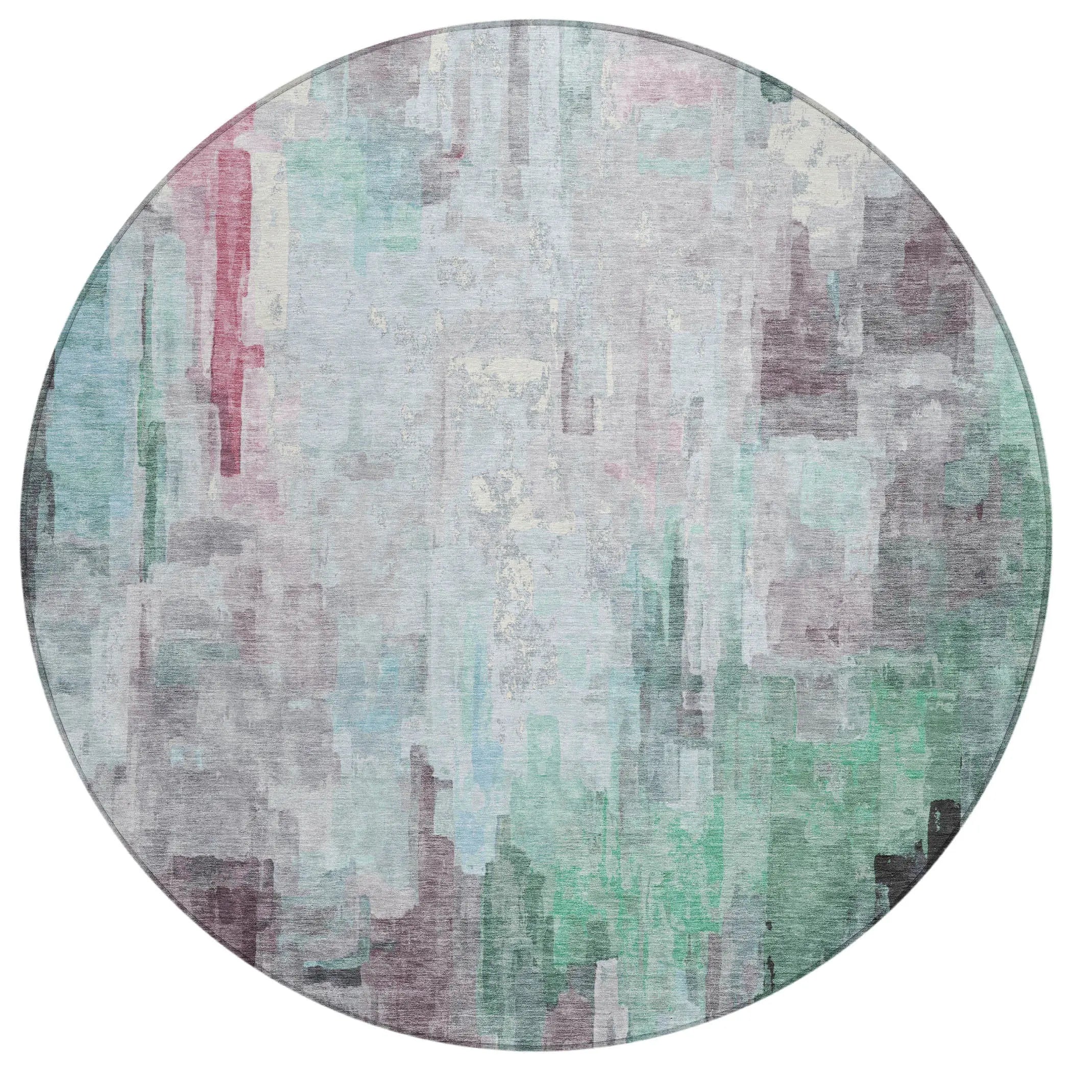 8' Sky Blue And Mauve Round Abstract Washable Indoor Outdoor Area Rug Homeroots Outdoor